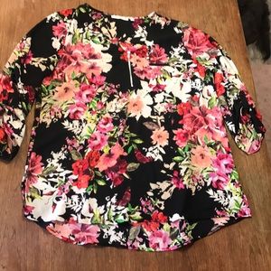 Floral Zipper Accent Button Slack Sleeve Blouse